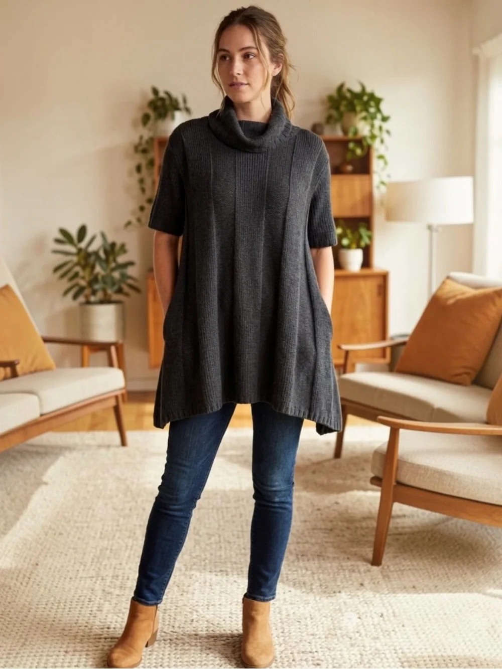 Eileen Fisher Alpaca Silk Cowl-Neck Trapeze Tunic Sweater